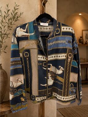 B45. From Italy 🇮🇹 Equestrian Pattern Zip-Front Women's Jacket